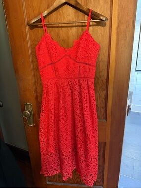 Chi Chi London Bright Red Lace Dress with Branded Label
